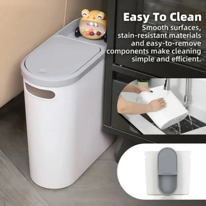 Fashionable white grey bathroom trash can with lid and handle - large capacity, press to open design, suitable for use in small