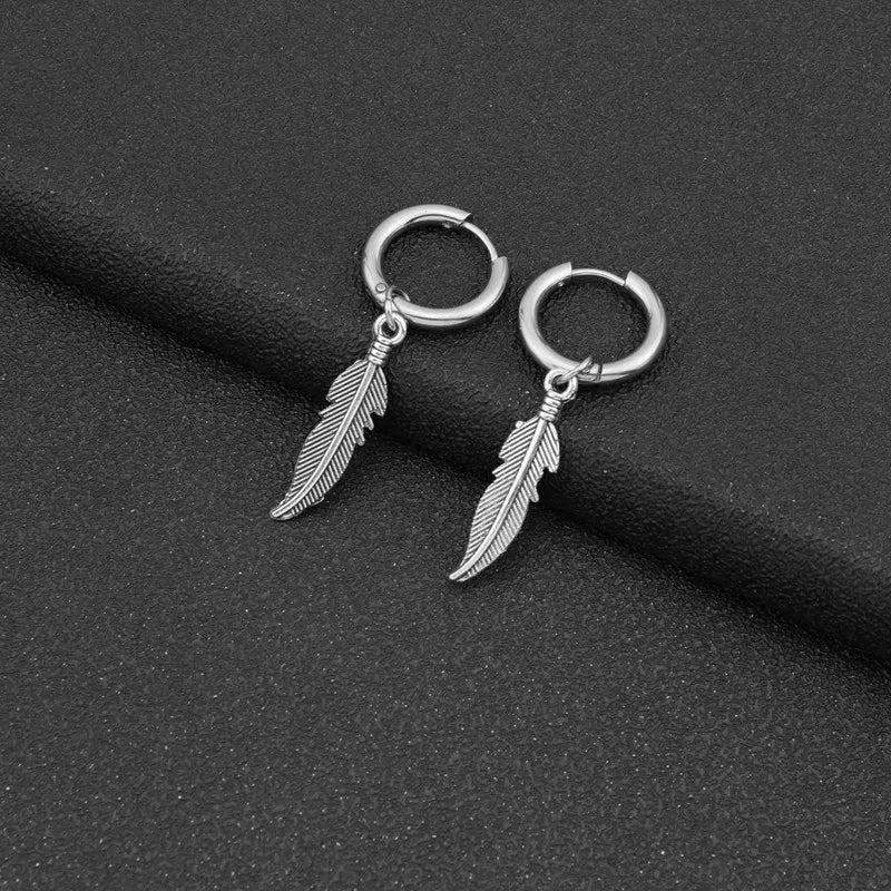 Vintage Feather Earring Korean Jewelry No Fade Stainless Steel Round Hoops Ear Piercing Earrings For Women Men Hip Hop Pendiente