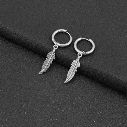 Vintage Feather Earring Korean Jewelry No Fade Stainless Steel Round Hoops Ear Piercing Earrings For Women Men Hip Hop Pendiente