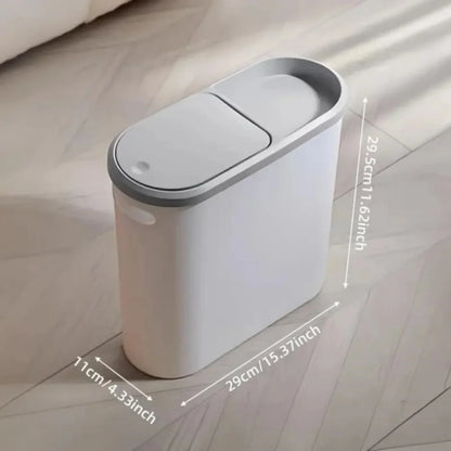 Fashionable white grey bathroom trash can with lid and handle - large capacity, press to open design, suitable for use in small
