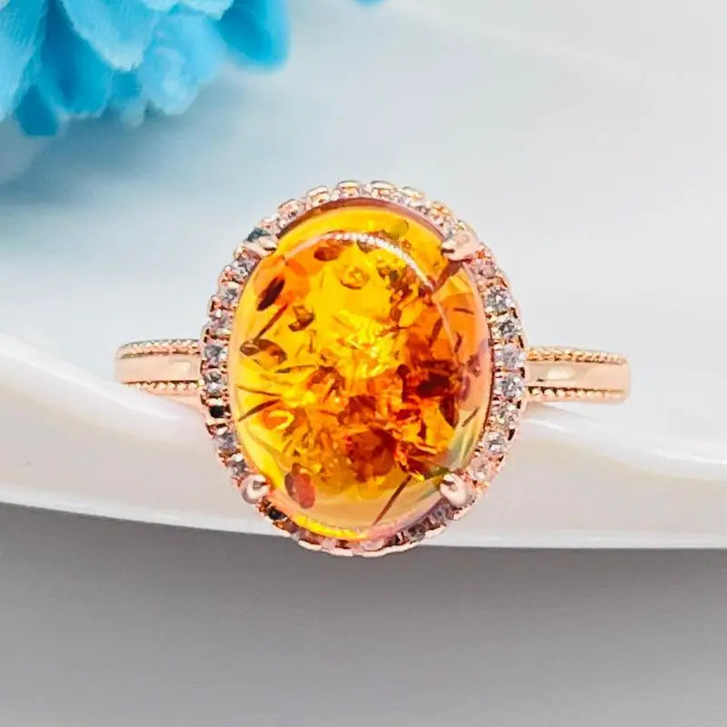 Natural Amber Flower Ring Women Healing Gemstone Fine Jewelry Genuine Baltic Amber Floral Rings Adjustable Anillos Mujer Gifts