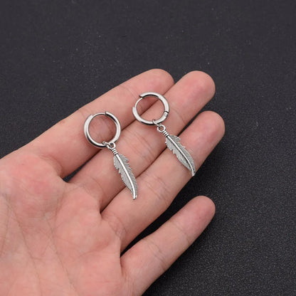 Vintage Feather Earring Korean Jewelry No Fade Stainless Steel Round Hoops Ear Piercing Earrings For Women Men Hip Hop Pendiente