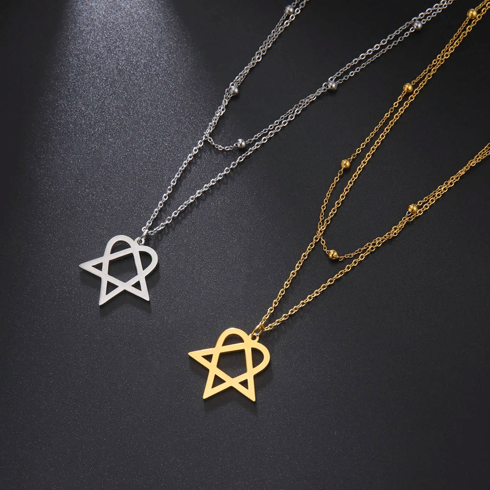 Lucktune Heartagram Star Pendant Necklace Stainless Steel Heart Pentagonal Chain Necklace Women Couple Jewelry Wedding Gift