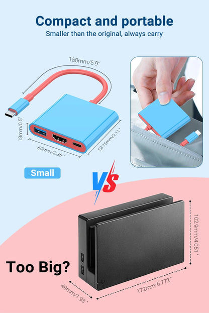 Portable Switch TV Dock 3 in 1 USB-C Game Hub with 4K HDMI,USB3.0(5Gbps) ,PD 100W Ports for Switch/OLED Mac Pro/Air