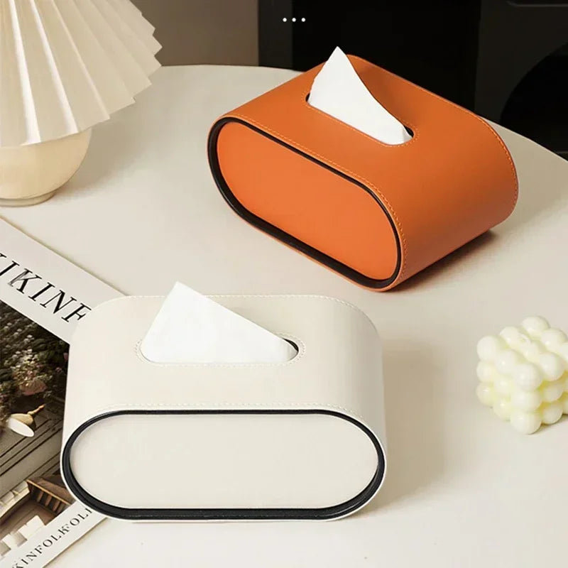 Light Luxury Paper Box High-end Living Room Creative Oval Leather Tissue Box Bedroom Desktop Napkin Storage Box Organization