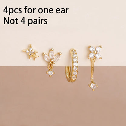 4PCS Zircon Star Moon Flower Small Hoop Earrings Set For Women Stainless Steel Huggies Pendant Piercing Earrings Jewelry Aretes