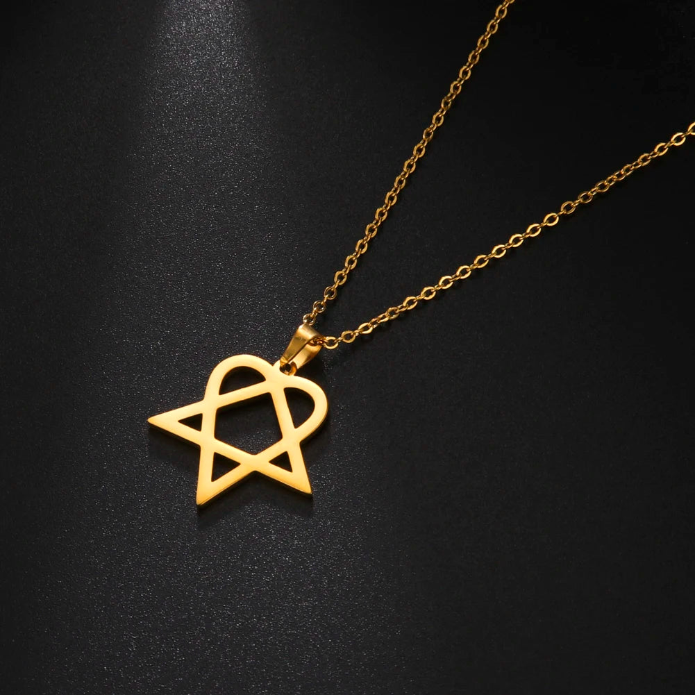 Lucktune Heartagram Star Pendant Necklace Stainless Steel Heart Pentagonal Chain Necklace Women Couple Jewelry Wedding Gift