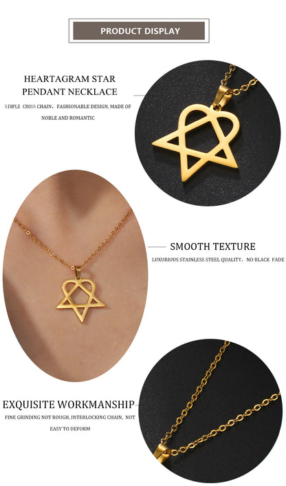 Lucktune Heartagram Star Pendant Necklace Stainless Steel Heart Pentagonal Chain Necklace Women Couple Jewelry Wedding Gift