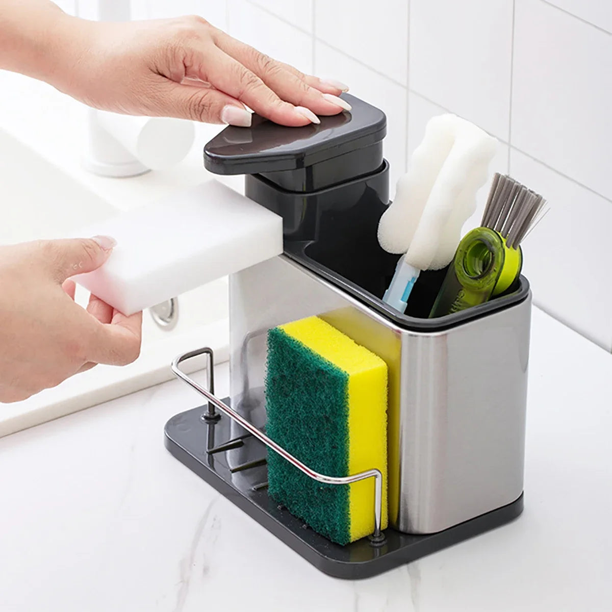 Stainless Steel Kitchen Cleaning Organizer Detergent Dispenser & Sponge Holder Easy to Clean Compact size Fits the sink 3-in-1