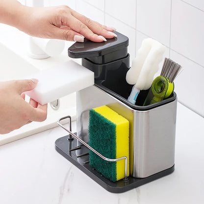 Stainless Steel Kitchen Cleaning Organizer Detergent Dispenser & Sponge Holder Easy to Clean Compact size Fits the sink 3-in-1