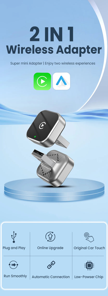 PLAYAIBOX Wireless 2IN1 CarPlay Android Auto Wireless Supermini Box Adapter Plug And Play Dongle Bluetooth WiFi Fast Connect