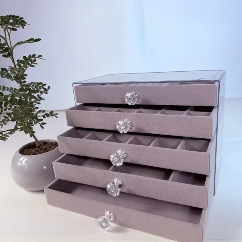 New 5 Layers Exquisite Gray Jewelry Box Earrings Ring Drawer Type Storage Box Large Capacity Anti-oxidation Jewelry Box