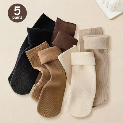 5pairs Winter Warm Solid Women Socks Thicken Thermal Socks Black Skin Seamless Snow Sock Unisex Socks