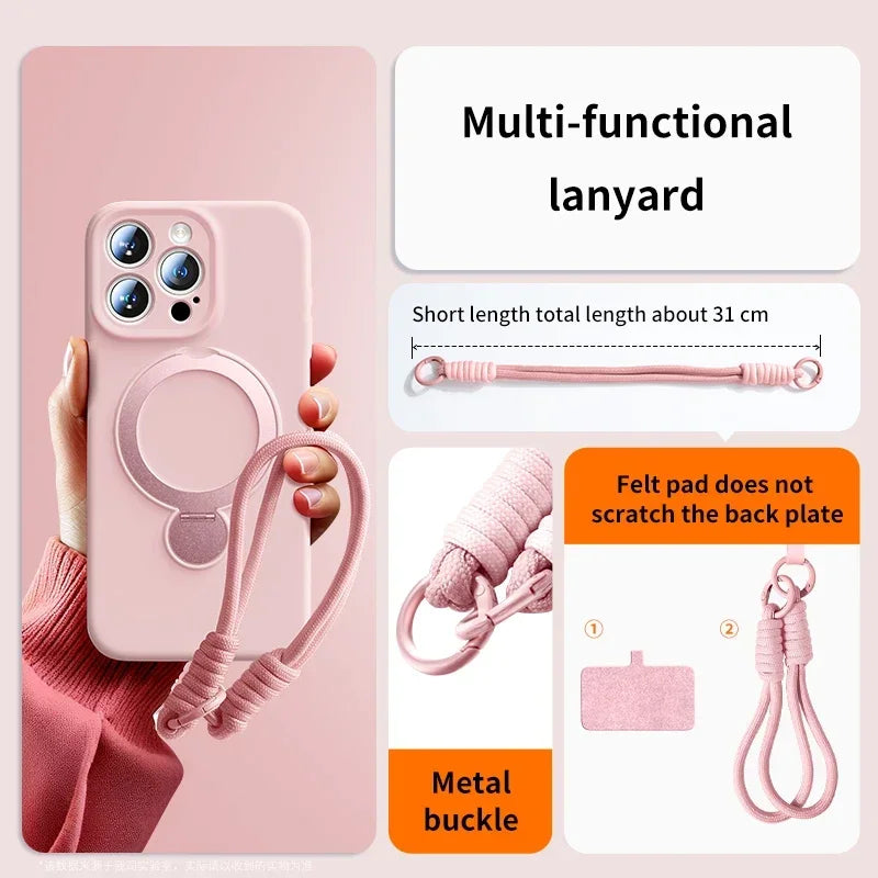 Liquid Silicone Bracket Magnetic Case For iPhone 17 16 15 14 13 Pro Max Air Magsafe With Hanging Rope Anti Fall Protective Cover