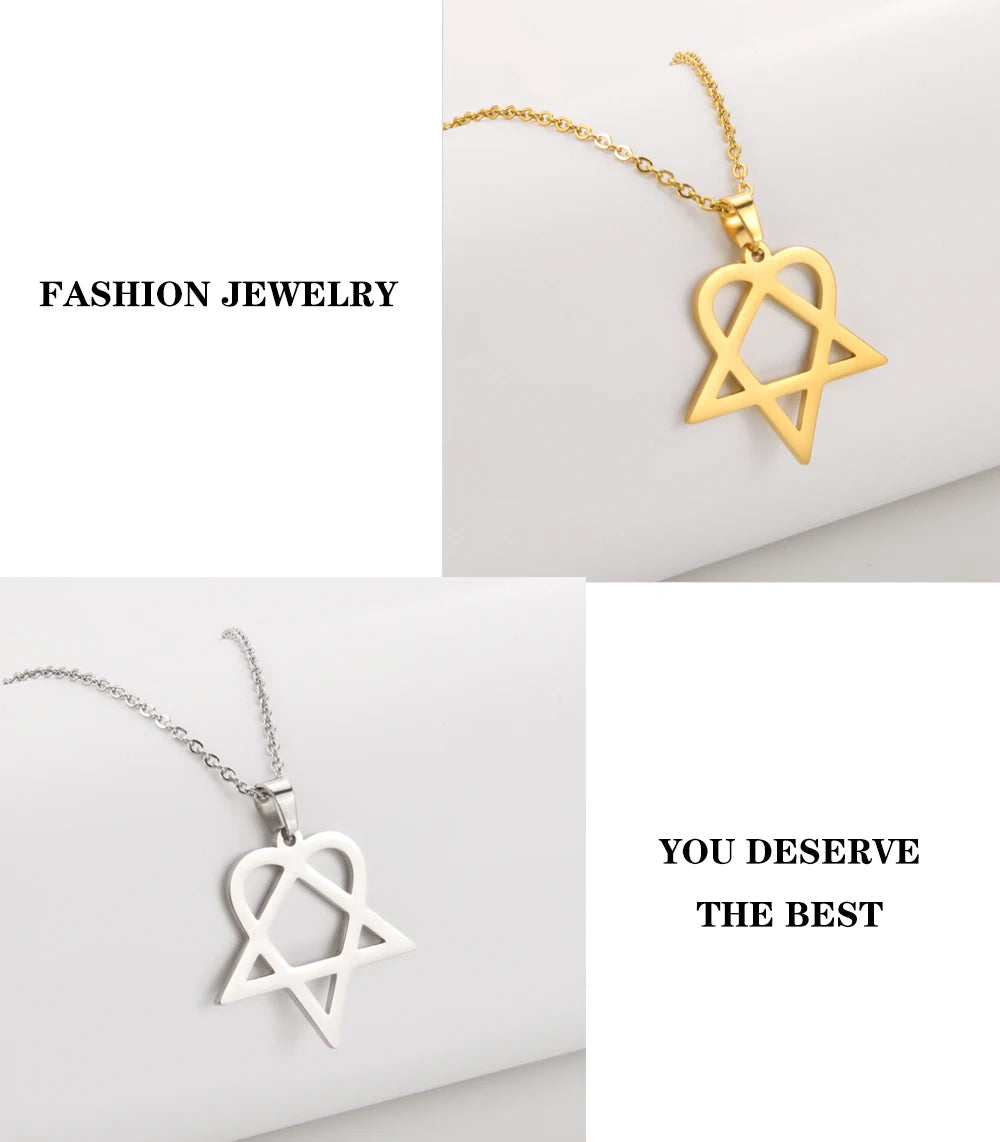 Lucktune Heartagram Star Pendant Necklace Stainless Steel Heart Pentagonal Chain Necklace Women Couple Jewelry Wedding Gift