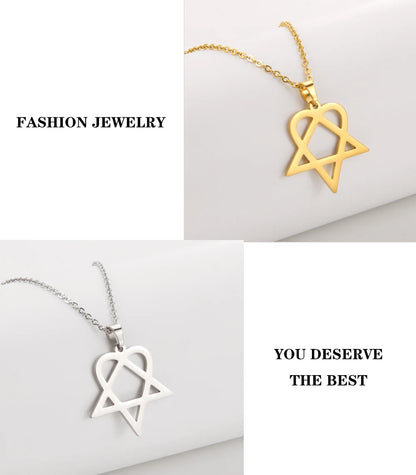 Lucktune Heartagram Star Pendant Necklace Stainless Steel Heart Pentagonal Chain Necklace Women Couple Jewelry Wedding Gift