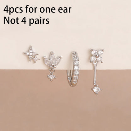 4PCS Zircon Star Moon Flower Small Hoop Earrings Set For Women Stainless Steel Huggies Pendant Piercing Earrings Jewelry Aretes