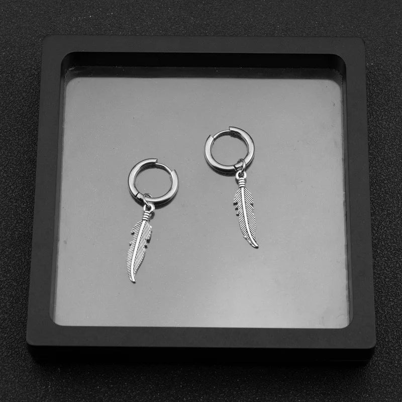 Vintage Feather Earring Korean Jewelry No Fade Stainless Steel Round Hoops Ear Piercing Earrings For Women Men Hip Hop Pendiente