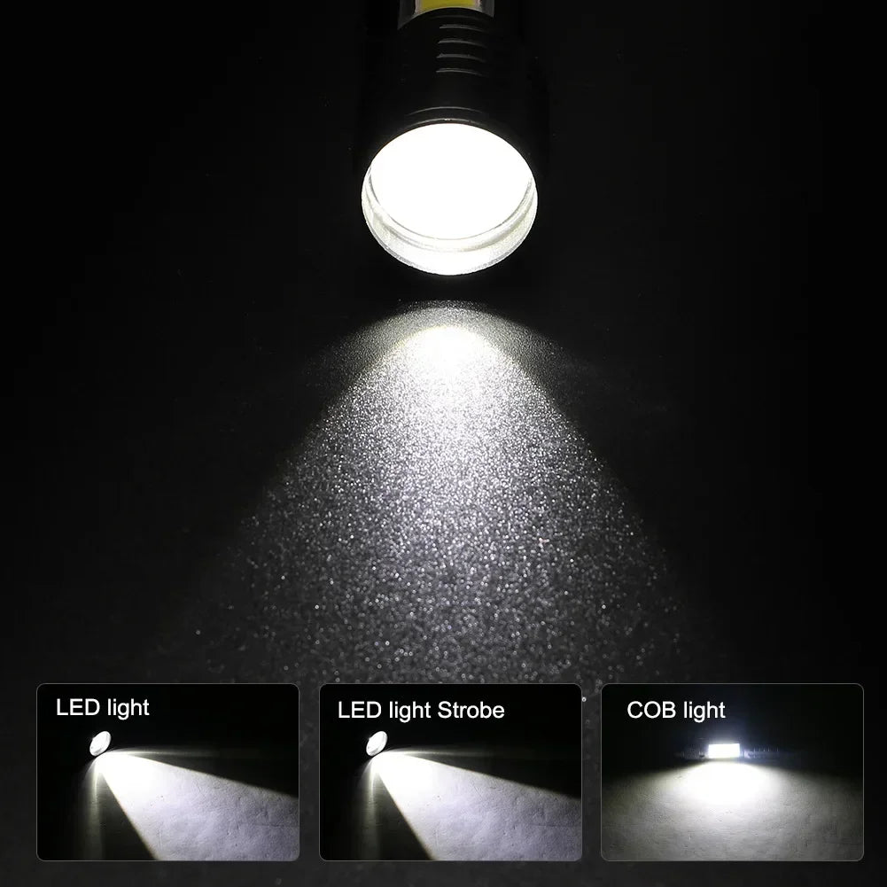Portable Rechargeable LED Flashlight with Pen Clip Zoomable Waterproof Torch with Side Light Outdoor Camping Emergency Lantern