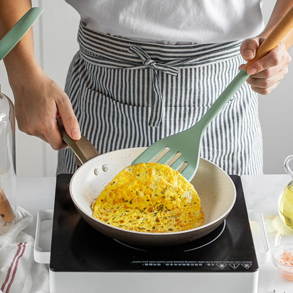 5Pcs White Silicone Wooden Handle Cooking Tool Non-stick Kitchen Utensils Silicone Spatula Baking Kitchen Utensils Tool