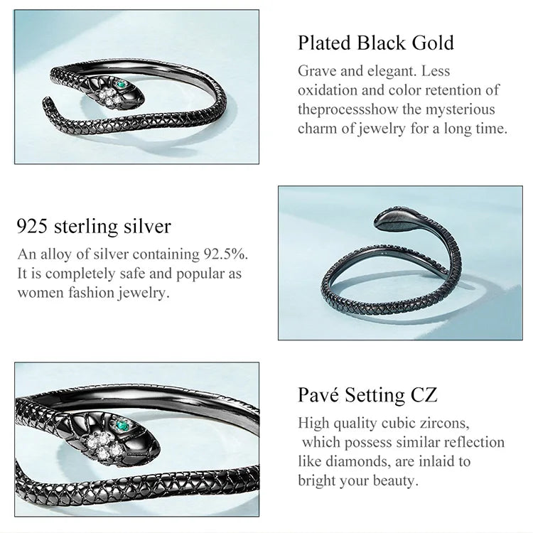 BAMOER 925 Sterling Silver Retro Textures Snake Adjustable Ring, 18K Gold Green Zircon Animal Ring Stackable Jewelry 4 Colors