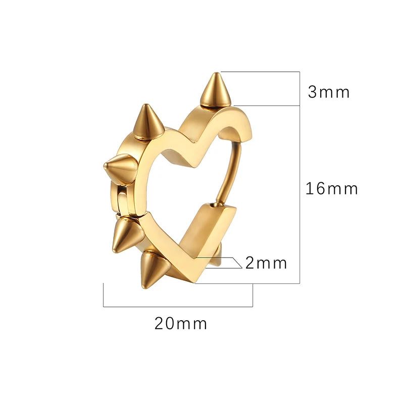 Creative Hip-Hop Rivet Heart Hoop Earrings For Women Stainless Steel Geometric Ear Buckle Piercing Cool Rock Punk Stud Jewelry