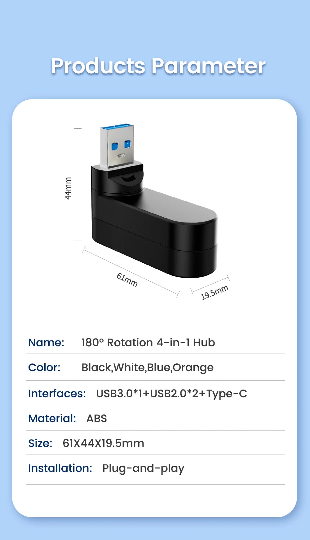 Elough Mini 180° Rotatable 4 Ports USB 3.0 2.0 Hub Type C High Speed Data Transfer U Disk Splitter Adapter For Laptop MacBook PC