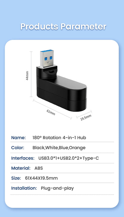 Elough Mini 180° Rotatable 4 Ports USB 3.0 2.0 Hub Type C High Speed Data Transfer U Disk Splitter Adapter For Laptop MacBook PC