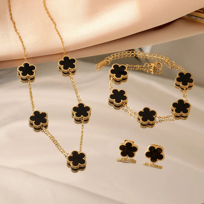 LUXUKISSKIDS Fashion Flower Necklace Earrings Set Jewelry Women Stainless Steel White Shell Clover Bracelet Jewelry Accessories