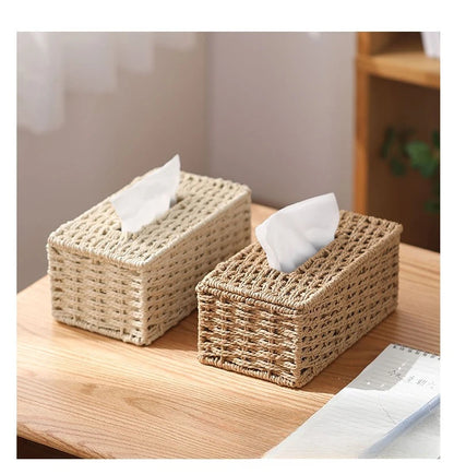 New Woven Tissue Box Imitation Rattan Woven Grass Tissue Storage Box Luxury Tissue Paper Holder Home Living RoomTable Decoration