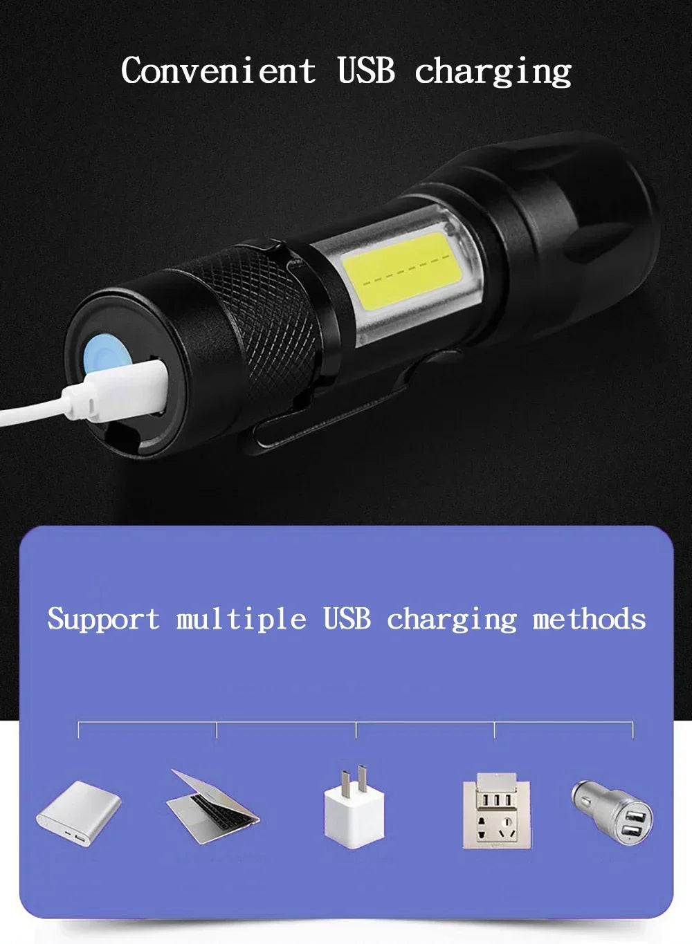 Portable Rechargeable LED Flashlight with Pen Clip Zoomable Waterproof Torch with Side Light Outdoor Camping Emergency Lantern
