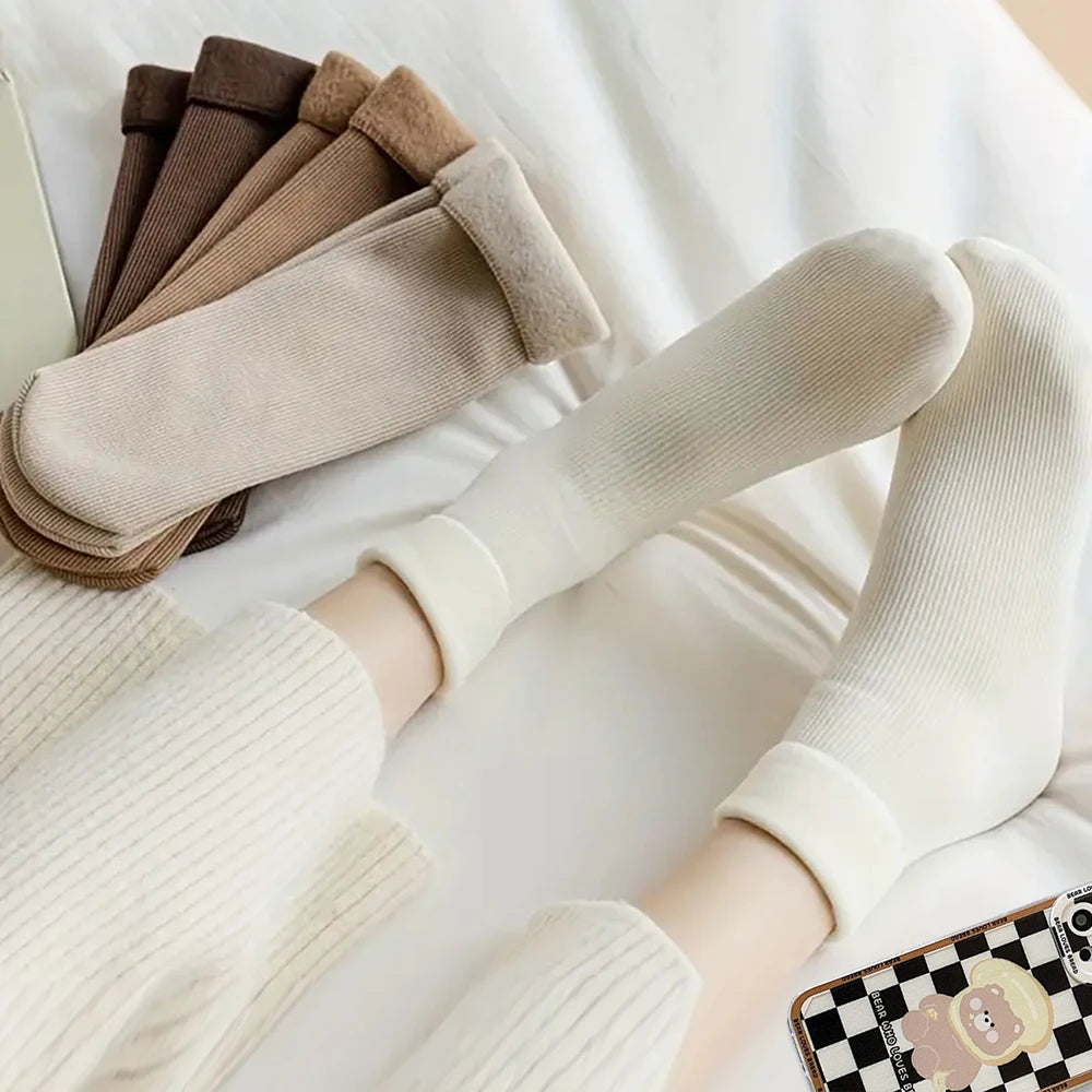 5pairs Winter Warm Solid Women Socks Thicken Thermal Socks Black Skin Seamless Snow Sock Unisex Socks