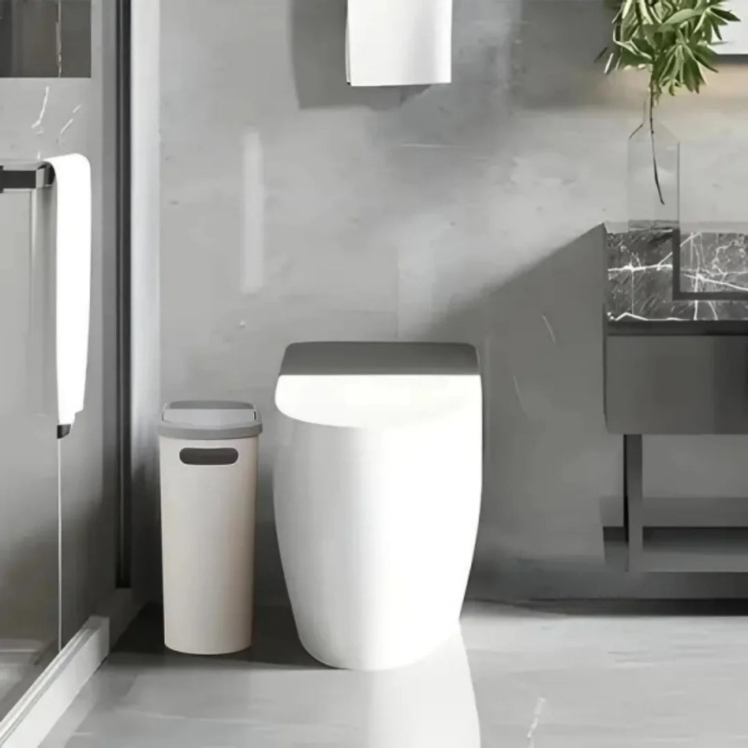 Fashionable white grey bathroom trash can with lid and handle - large capacity, press to open design, suitable for use in small
