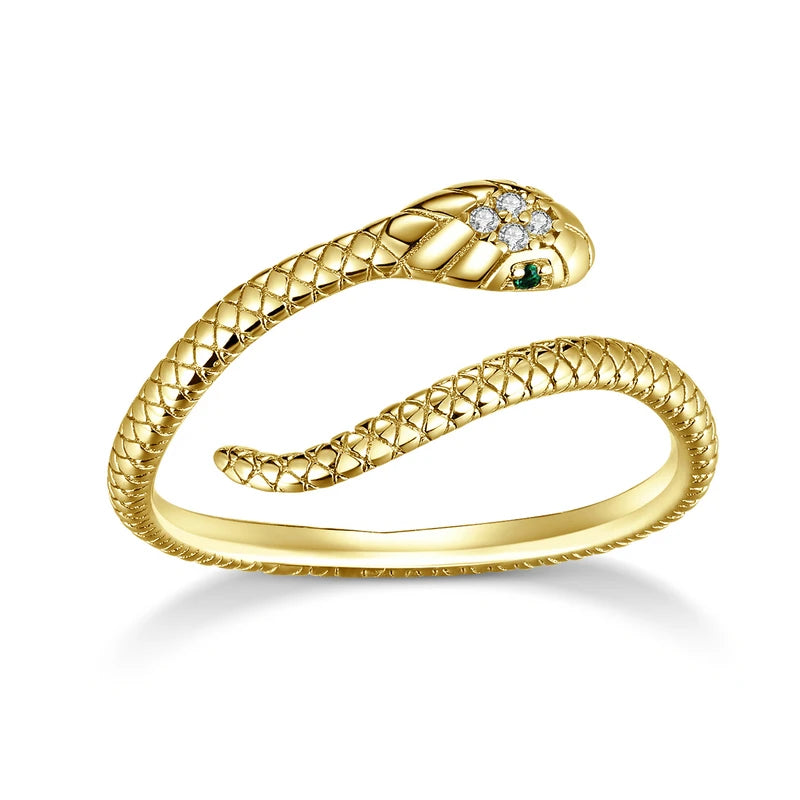 BAMOER 925 Sterling Silver Retro Textures Snake Adjustable Ring, 18K Gold Green Zircon Animal Ring Stackable Jewelry 4 Colors