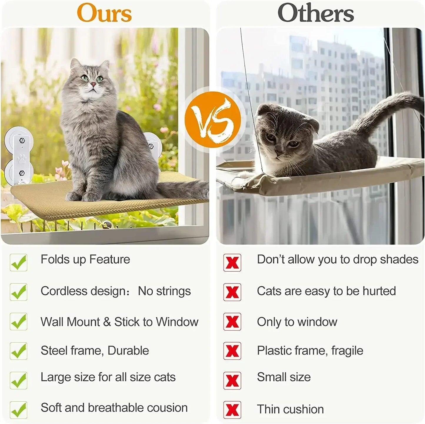 Cordless Cat Hammock for Sunbathing Hanging Cat Bed Summer Suction Cup Glass Mounted Foldable Breathable Cat Bed Frame Supplies