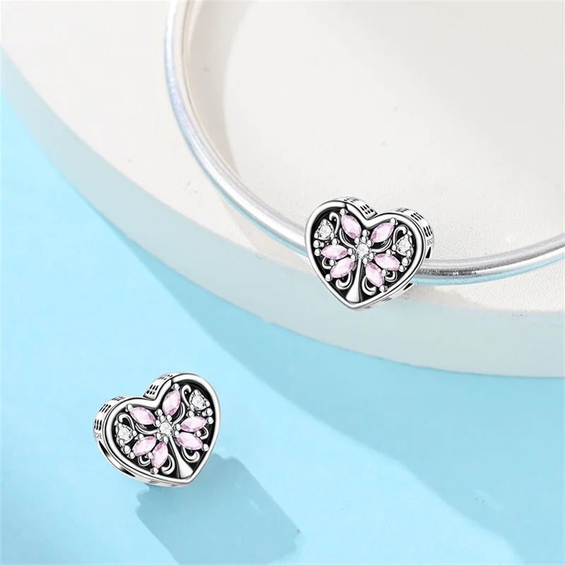 925 Sterling Silver Pink Charms Beads Butterfly Perfume Bottle Crown Heart Shaped Zircon Charms for Women Fine DIY Jewelry Gifts