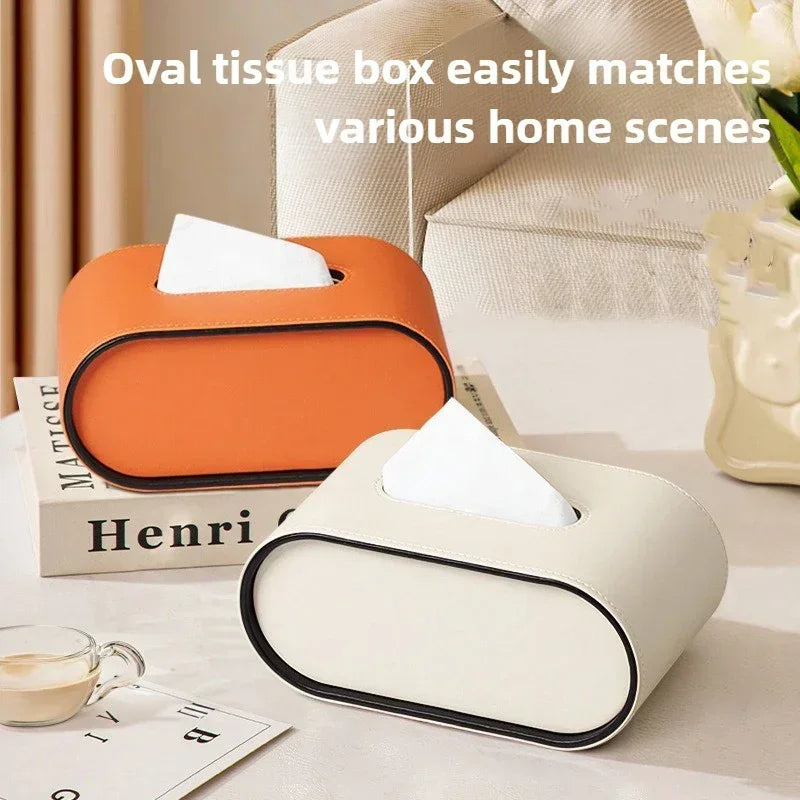Light Luxury Paper Box High-end Living Room Creative Oval Leather Tissue Box Bedroom Desktop Napkin Storage Box Organization