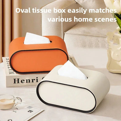 Light Luxury Paper Box High-end Living Room Creative Oval Leather Tissue Box Bedroom Desktop Napkin Storage Box Organization