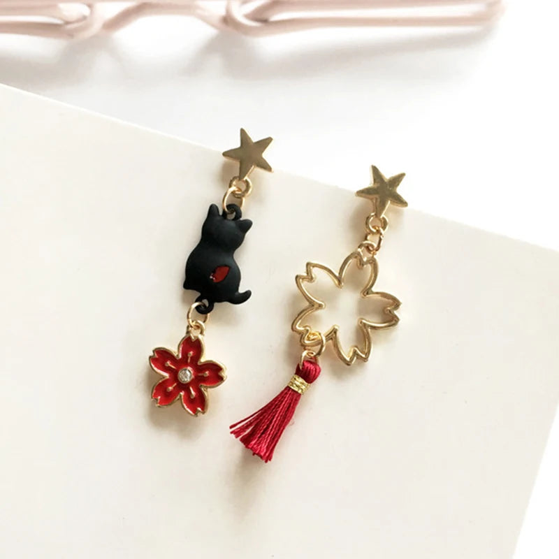 Korean Style Flower Cute Animal Dangle Earrings For Women Moon Stars Kitten Rabbit Balloon Asymmetric Earring Party Jewelry Gift