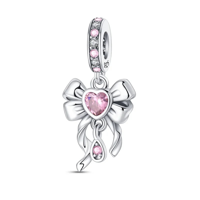 925 Sterling Silver Pink Charms Beads Butterfly Perfume Bottle Crown Heart Shaped Zircon Charms for Women Fine DIY Jewelry Gifts