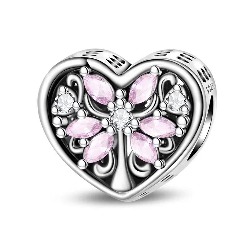925 Sterling Silver Pink Charms Beads Butterfly Perfume Bottle Crown Heart Shaped Zircon Charms for Women Fine DIY Jewelry Gifts