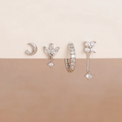 4PCS Zircon Star Moon Flower Small Hoop Earrings Set For Women Stainless Steel Huggies Pendant Piercing Earrings Jewelry Aretes