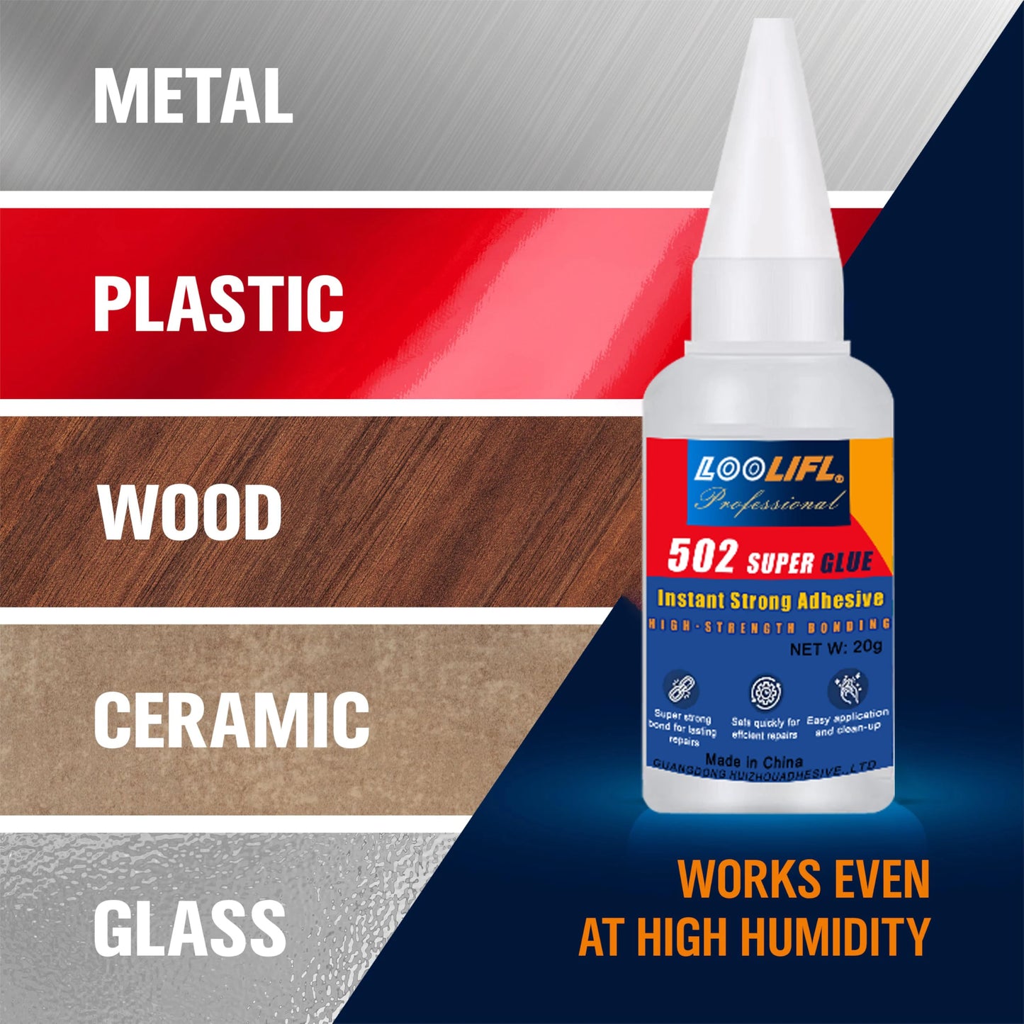LOOLIFL Professional 502 Fast Glue Waterproof Universal Repair Adhesive Food Safe CA Glue for Plastic Wood Metal Ceramics Glass