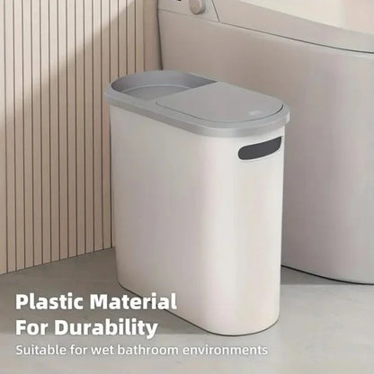 Fashionable white grey bathroom trash can with lid and handle - large capacity, press to open design, suitable for use in small