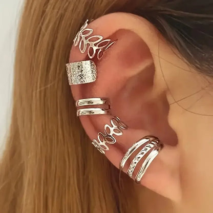 5pcs/set Trendy Elegant Design Ear Cuff Classic Elegant Style Gifts Women's No Piercing Clip silver Earrings Circle Leaf Shaped