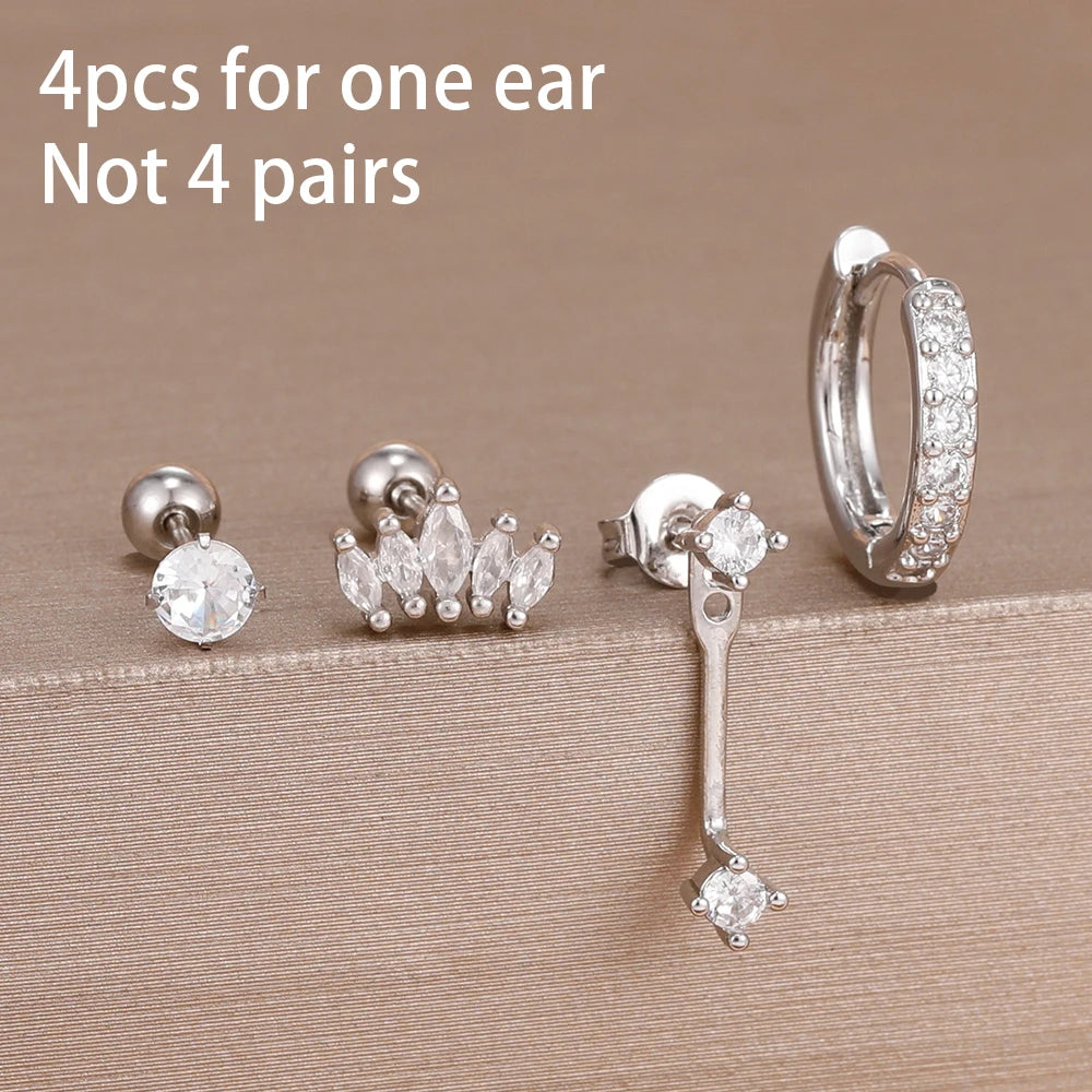 4PCS Zircon Star Moon Flower Small Hoop Earrings Set For Women Stainless Steel Huggies Pendant Piercing Earrings Jewelry Aretes