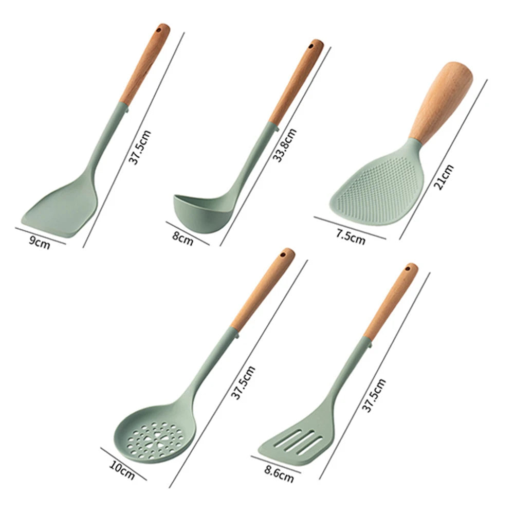 5Pcs White Silicone Wooden Handle Cooking Tool Non-stick Kitchen Utensils Silicone Spatula Baking Kitchen Utensils Tool
