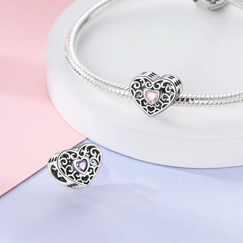 925 Sterling Silver Pink Charms Beads Butterfly Perfume Bottle Crown Heart Shaped Zircon Charms for Women Fine DIY Jewelry Gifts