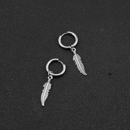 Vintage Feather Earring Korean Jewelry No Fade Stainless Steel Round Hoops Ear Piercing Earrings For Women Men Hip Hop Pendiente