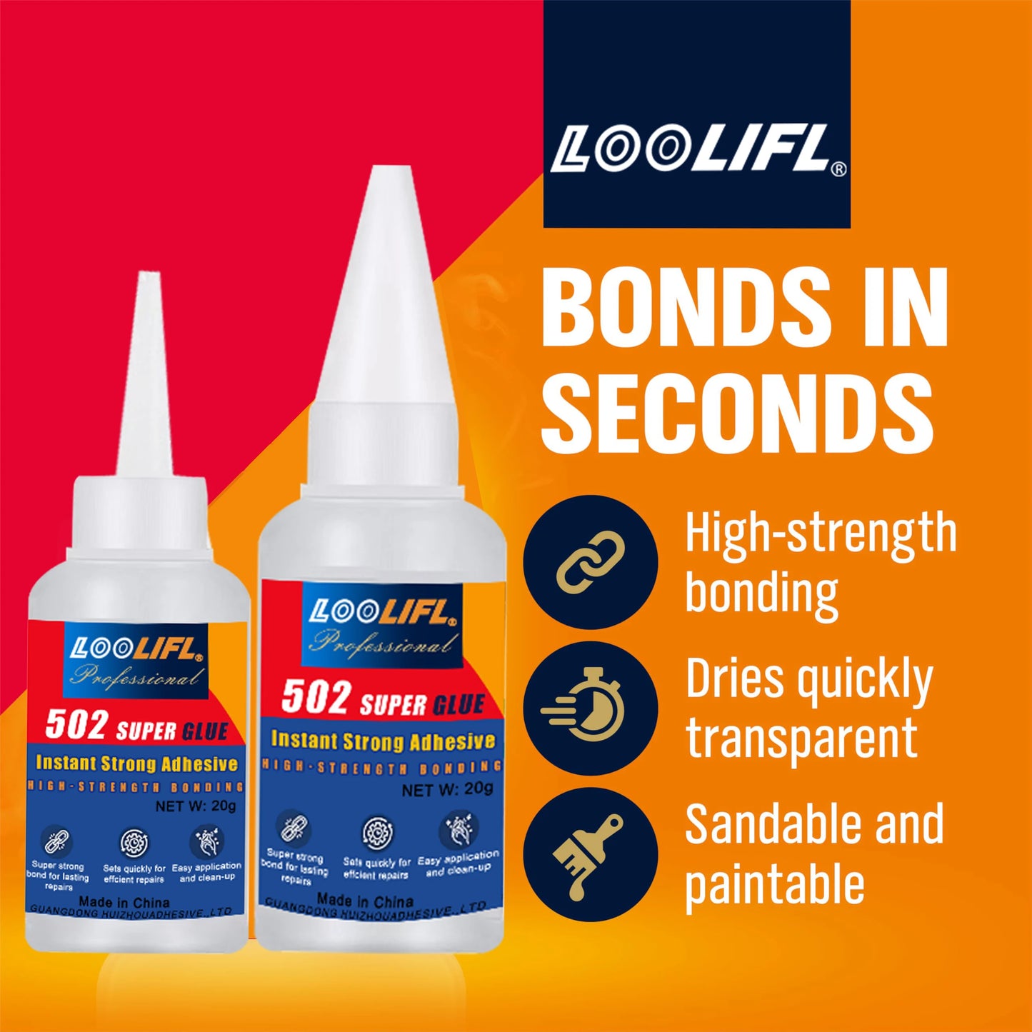LOOLIFL Professional 502 Fast Glue Waterproof Universal Repair Adhesive Food Safe CA Glue for Plastic Wood Metal Ceramics Glass